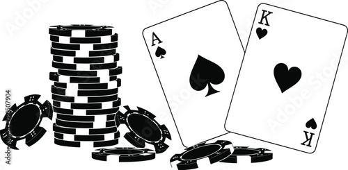 Black and white illustration of casino games poker cards and a stack of casino chips