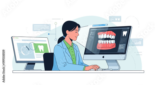 Digital Dentistry Workspace with 3D Teeth Model on Computer Screen