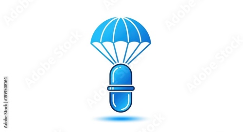 Innovative medical delivery: blue capsule parachute on white background
