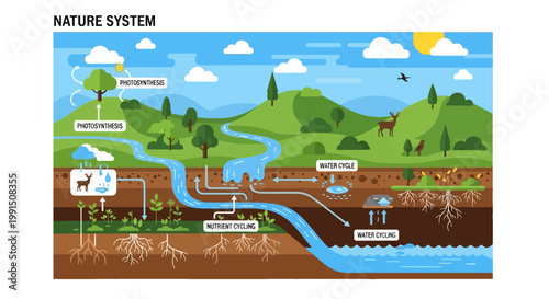 Nature system diagram showing photosynthesis water cycle and nutrient cycling in a lush landscape illustration with blue sky