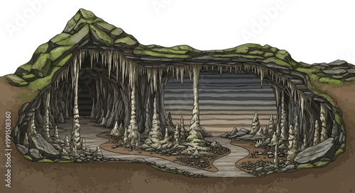 Mystical stalactite cave entrance illustration; rugged limestone formations and mossy rocks create an adventurous subterranean landscape