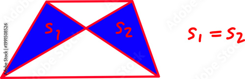 Geometric illustration of a trapezoid split into two equal triangular regions labeled S1 and S2, demonstrating area equivalence and symmetry in math.