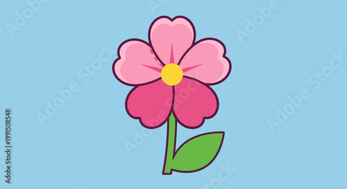 Single pink flower illustration with green stem and leaf set against light blue background in cartoon style