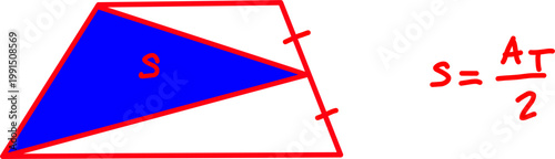 Geometric diagram of a trapezoid with equal side marks and a shaded triangular region, illustrating area relationship with formula S = AT/2 clearly.