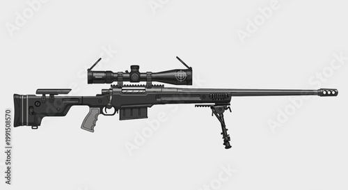 Sniper rifle with scope and bipod on neutral backdrop military-grade long-range weapon for precision shooting monochrome illustration