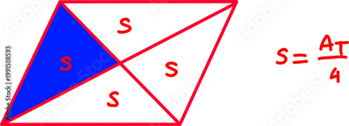 Geometric diagram showing quadrilateral divided into equal triangular regions with one shaded area, illustrating area relationships and symmetry concept.