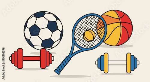 Sports equipment vector illustration featuring soccer ball basketball tennis racket with ball and dumbbells in cartoon style