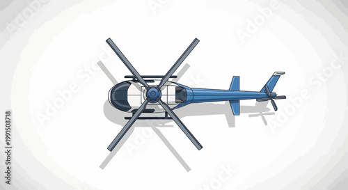 Top-down view of a blue cartoon-style helicopter with rotating blades hovering above concentric elevation lines illustration