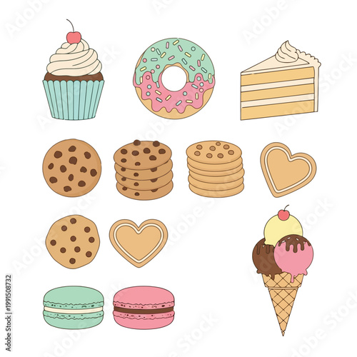 Sweet Indulgence: An assortment of delectable treats, including cupcakes, donuts, cake slices, cookies, macaroons, and ice cream cones, offering a visual feast of delicious desserts.