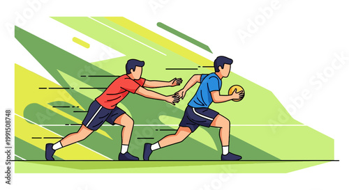 Two athletes playing rugby in flat vector illustration; one catching the ball while the other runs to tackle in a green field background