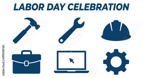 Collection of flat professional icons including hammer wrench hardhat briefcase laptop gear. Concept for labor day event work force employment career industrial symbols blue minimalist design.