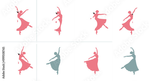 Set of ballerina dancer silhouettes in elegant poses featuring graceful movement and classical ballet performance in minimal flat style illustration