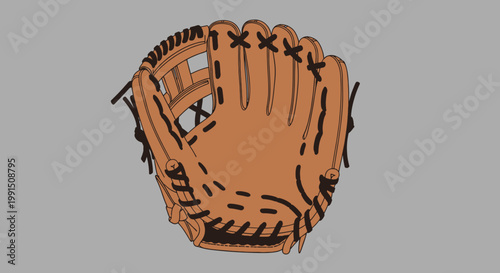 Vector illustration of a baseball glove with detailed stitching webbing and finger padding for sports equipment designs and graphic assets