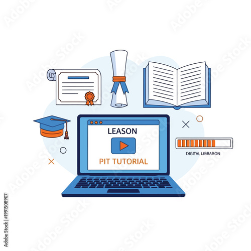 Digital Education: A vibrant illustration showcasing the future of education, with a laptop at the center displaying a tutorial lesson, accompanied by academic symbols