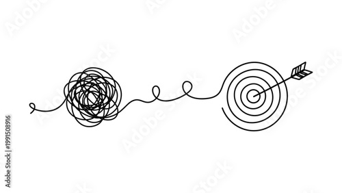 Hand drawn doodle of a complex mess leading to a clear target with an arrow. Continuous line style. Hand drawn. Line art. Vector design. illustration