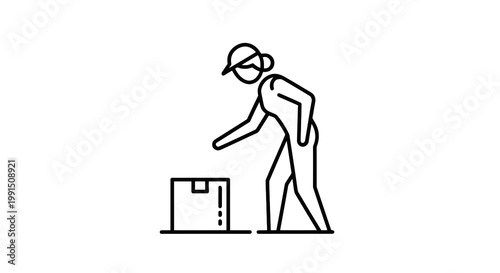 Line art illustration of a delivery person placing a package on the ground with a simple clean style and a minimalist design