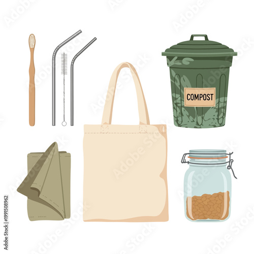 Eco-Friendly Essentials: An array of sustainable living items including a reusable bag, metal straws, and a compost bin, all embodying the spirit of responsible consumption.