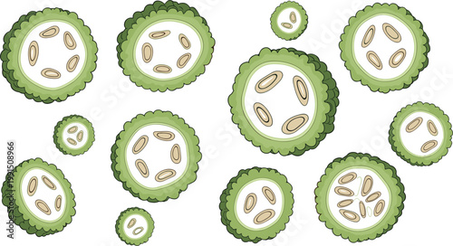Seamless pattern of bitter melon slices featuring green textured rings and seeds arranged in repeating organic design for healthy food backgrounds