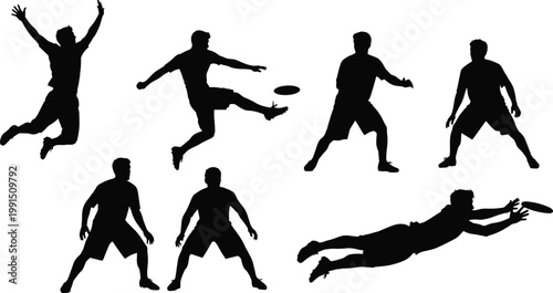 Collection of black silhouettes featuring active men playing ultimate frisbee, showing various dynamic poses, jumps, and throws, isolated on a white background, vector illustration