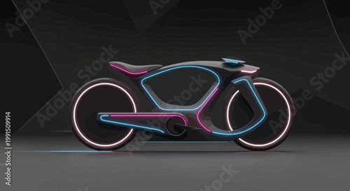 Futuristic electric motorcycle with glowing neon light accents cyberpunk style dark background modern transportation design