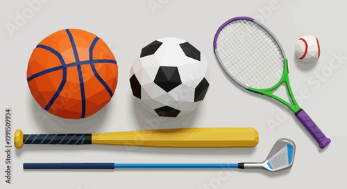 Geometric sports equipment arrangement featuring basketball soccer ball tennis racket baseball bat and golf club