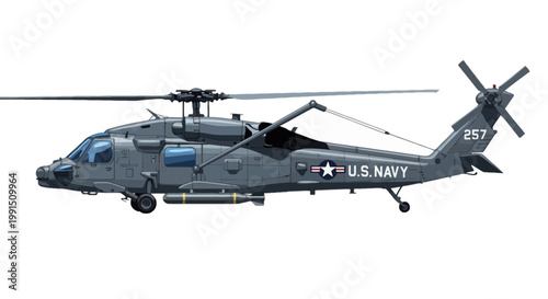 Gray military helicopter illustration with spinning rotor and US Navy insignia in pixel art style detailed aircraft design on a white background