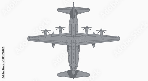 Gray military transport aircraft illustration displaying top view of tactical airlifter with four turboprop engines and high wing design