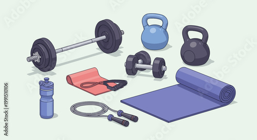 Isometric illustration of fitness equipment including barbell kettlebells dumbbells yoga mat jump rope resistance band and water bottle