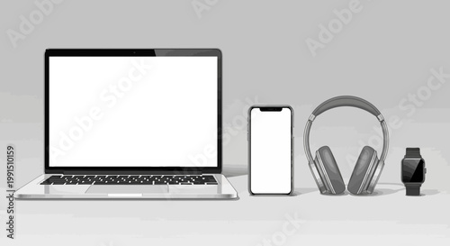 Laptop smartphone headphones and smartwatch on a gray surface presented in a sketch style with a focus on tech device arrangement