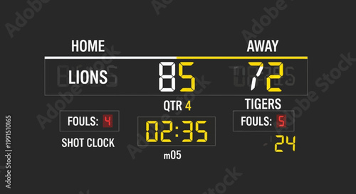 Lions versus Tigers basketball game scoreboard showing 85 to 72 in fourth quarter with fouls and shot clock display for stock illustration