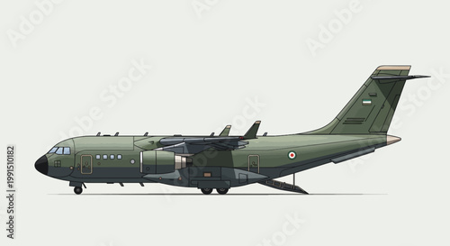 Military Transport Aircraft Illustration in Olive Green Livery with Open Ramp Pixel Art Style Plane Design Side View
