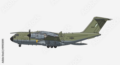 Military transport aircraft illustration with propellers olive green livery and detailed surface textures in realistic style