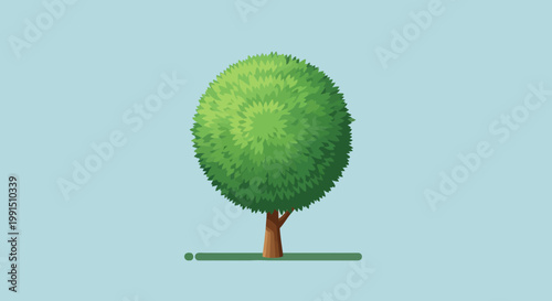 Round tree with green foliage in minimalist style illustration perfect sphere shaped canopy on simple trunk against light blue backdrop