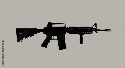 Silhouette of an assault rifle with an adjustable stock pistol grip and picatinny rail rendered in monochrome against a neutral gray backdrop