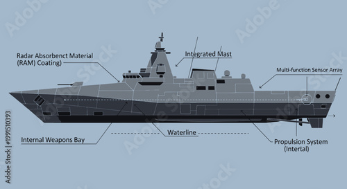 Stealth warship illustration featuring radar absorbent material coating integrated mast and internal weapons bay design on light blue background