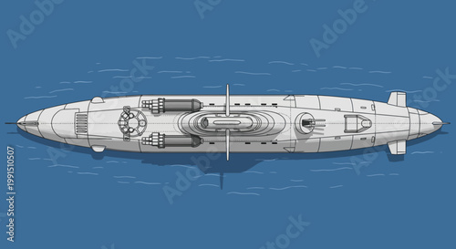 Top-down perspective illustration of a gray steampunk airship with retro propeller and gun turrets floating on blue water