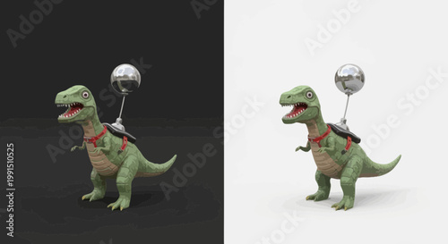 Toy dinosaur with disco ball on its back in pixel art style cartoonish green T-Rex figure with red collar and futuristic saddle pixelated design