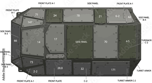Top down view of armored vehicle plating system with numbered panels and side panel sections for vehicle customization