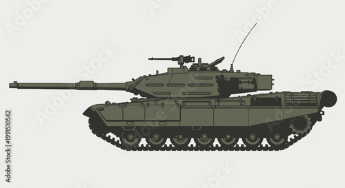 Vector illustration of a powerful olive drab main battle tank with long gun and heavy treads viewed in profile on light backdrop