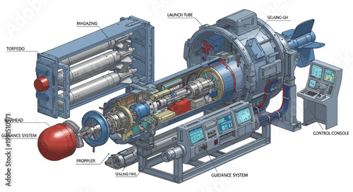 Torpedo Launch System Illustration: Warhead Guidance Magazing and Control Console in Detailed Isometric View for Military Technology Concept