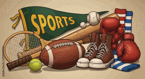 Vintage sports equipment illustration with baseball bat boxing gloves tennis racket football shoes pennant and striped socks in retro style