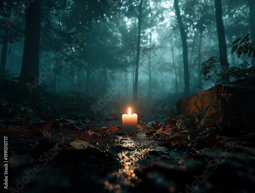 Candle glowing softly in a misty, dark forest
