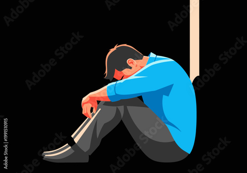 Mental Health Concept: Minimalist Illustration of Depressed Man Sitting Alone Against a Wall