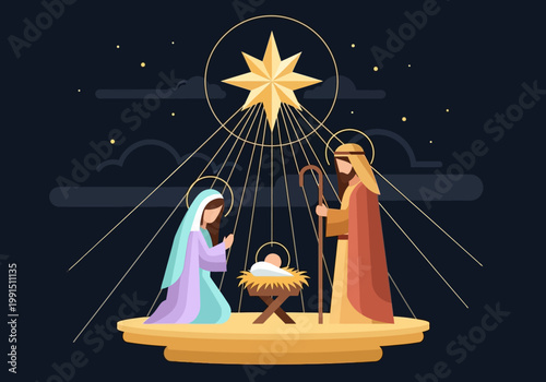 Modern Nativity Scene Illustration with Mary, Joseph, and Baby Jesus in a Manger under the Star of Bethlehem, Minimalist Christmas Vector Background