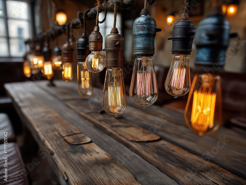 String of Edison lights hanging above a wooden rustic table