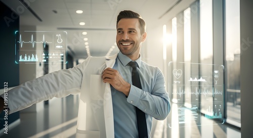 A smiling doctor in a modern hospital hallway with futuristic medical graphics floating around him.
