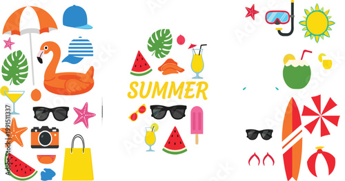 Summer Beach Vacation Elements Vector Set Featuring Flamingo Floaties Sunglasses Tropical Fruits Snorkel Gear Surfboards Parasols And Sunny Holiday Icons For Seasonal Design