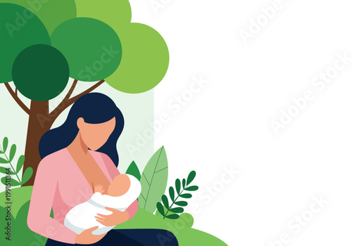 Mother Breastfeeding Newborn Baby in Nature Park Illustration with Copy Space - Flat Vector Design for Maternity, Lactation, and Parenting Concepts