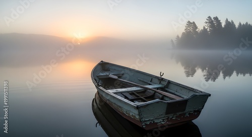 A serene boat floats on a peaceful lake at sunrise surrounded by trees and calm water