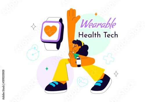 Wearable Health Tech Vector Illustration Smartwatch Fitness Tracker Monitoring Heart Rate Steps Calories and Digital Healthcare Innovation Design